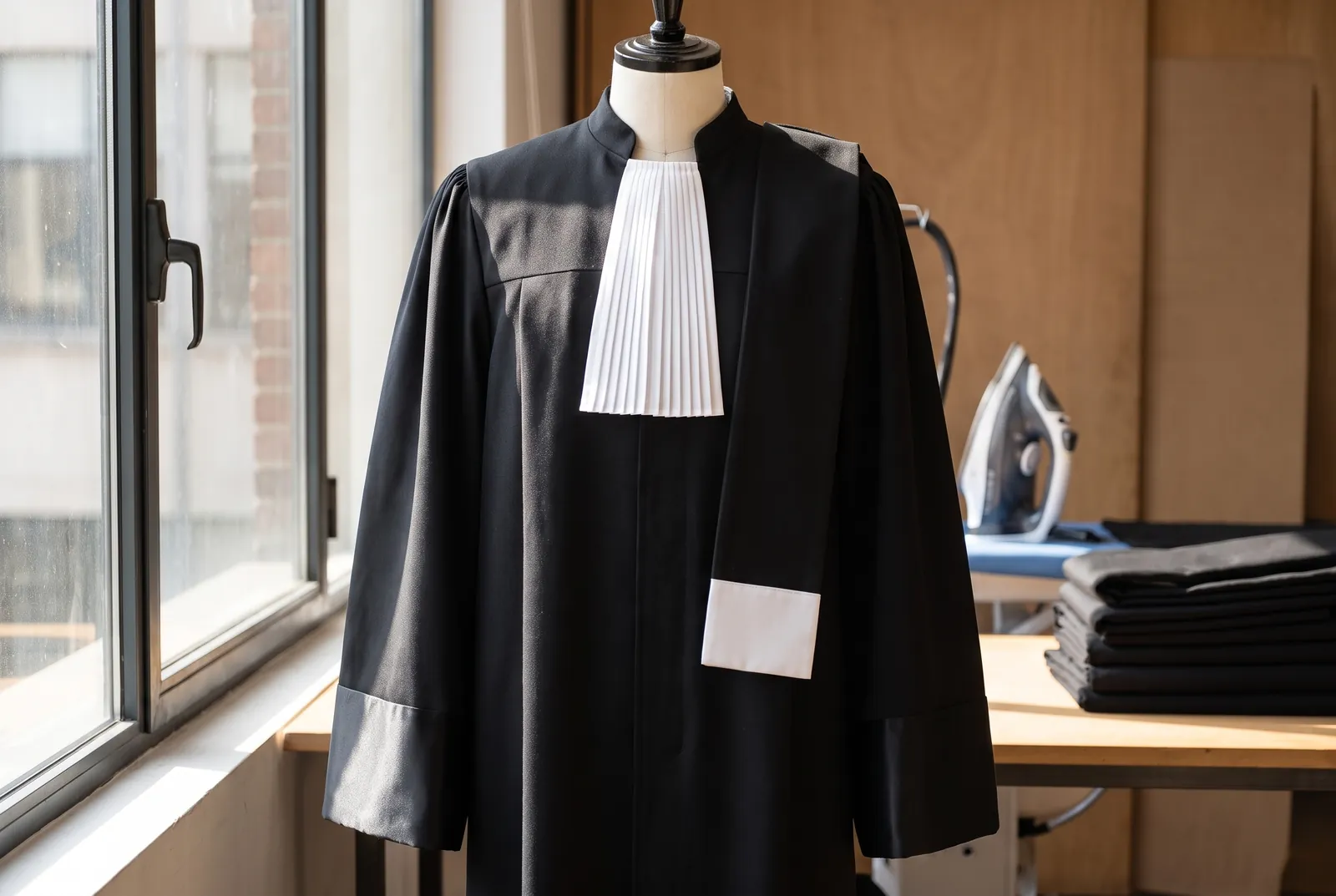 Detaliu de robă de avocat pe manechin: bavetă albă plisată sub guler și etolă neagră pe umăr, cu capătul alb