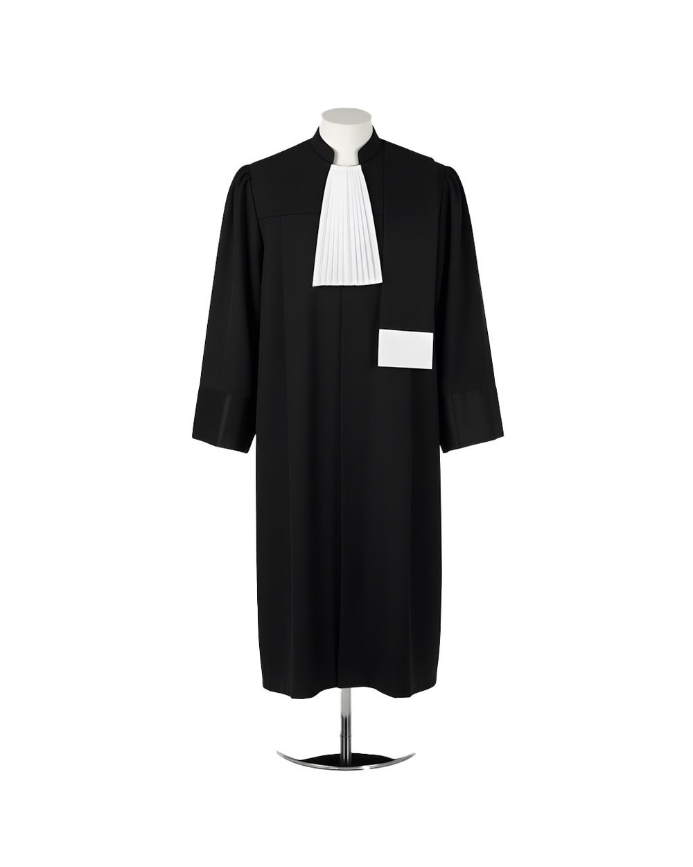 Robă de avocat Standard, vedere din față — bavetă albă plisată și etolă neagră cu terminație albă